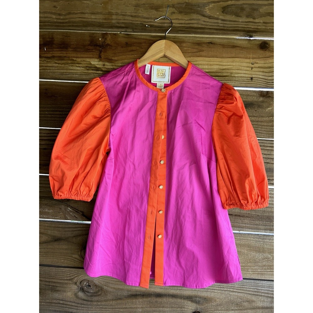 Tory Burch Pink & Orange Puff-Sleeve Cotton Popover Blouse